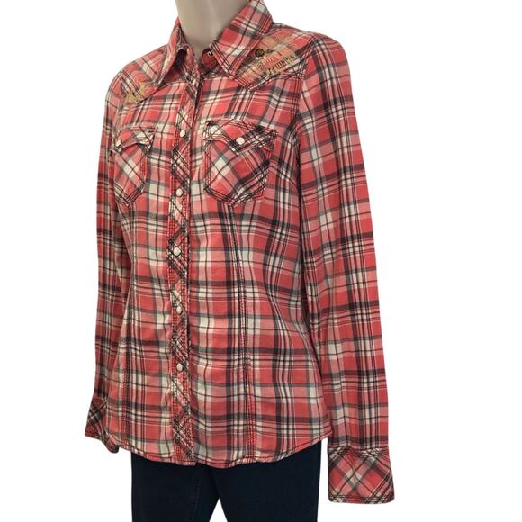 Y2k True Religion Fresh Peach Plaid Button Down Shirt Western Styling Gold Logo - Picture 4 of 16